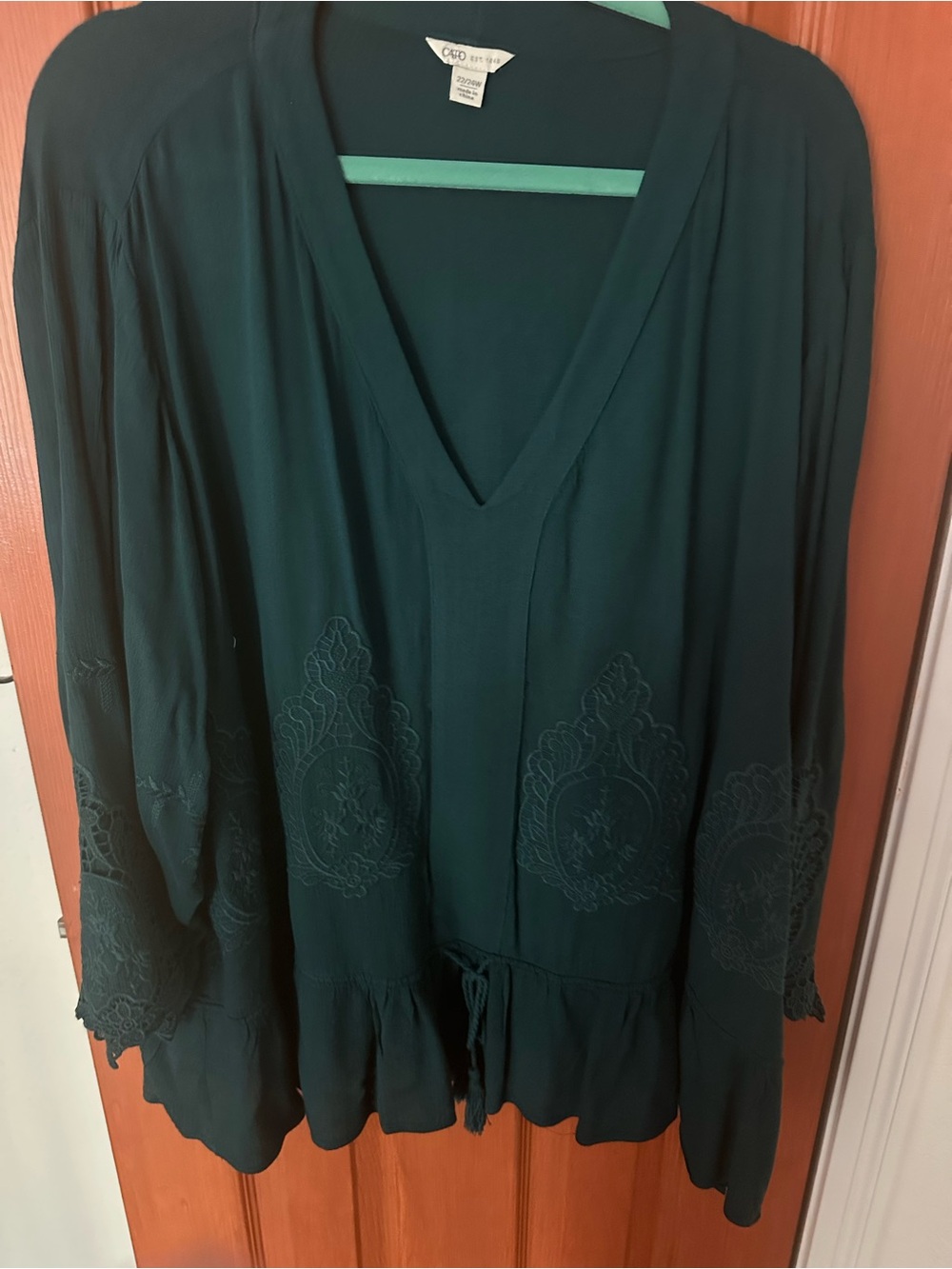 Cato Deep Teal V-Neck Embroidered Women's Top